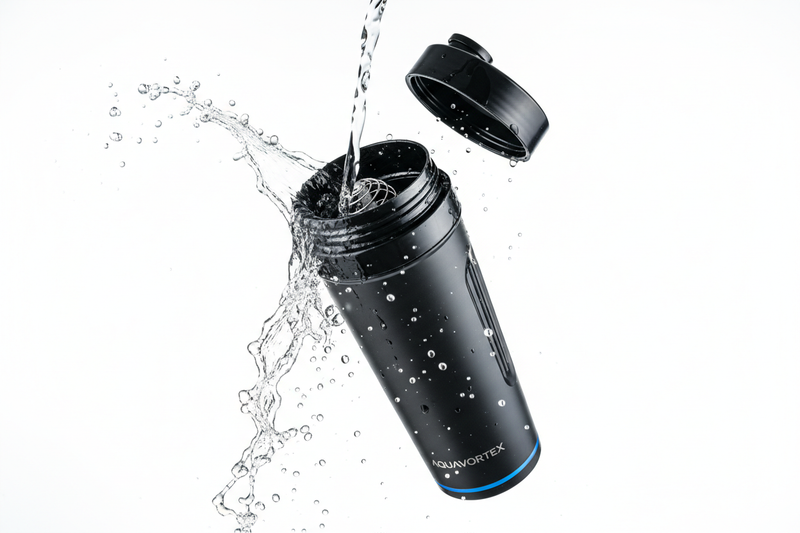 Generate me a Portable Electric Shaker open and water drops on it 