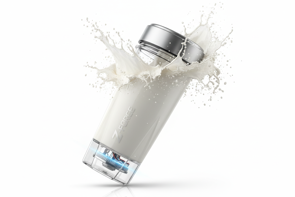 Generate me a portable electric shaker with protein coming out 